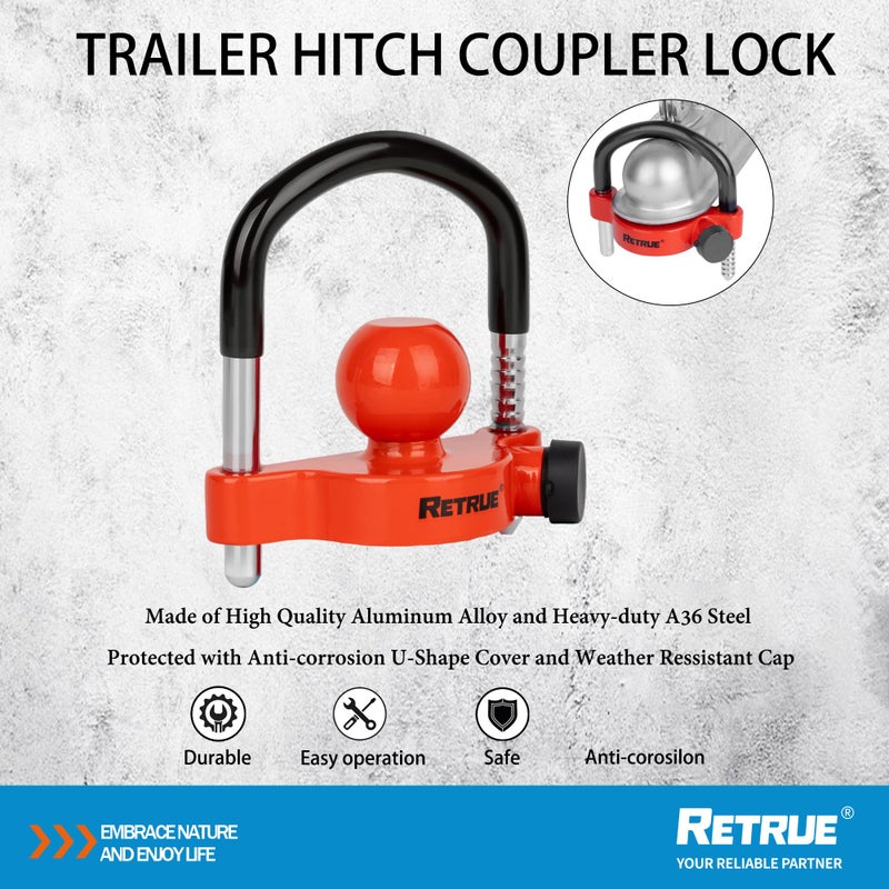 RETRUE Universal Trailer Ball Lock Hitch Coupler Locks Fits 1-7/8 Inch, 2 Inch, 2-5/16 Inch Couplers Adjustable Security with Weatherproof Cover and Cap, Red - Image 2